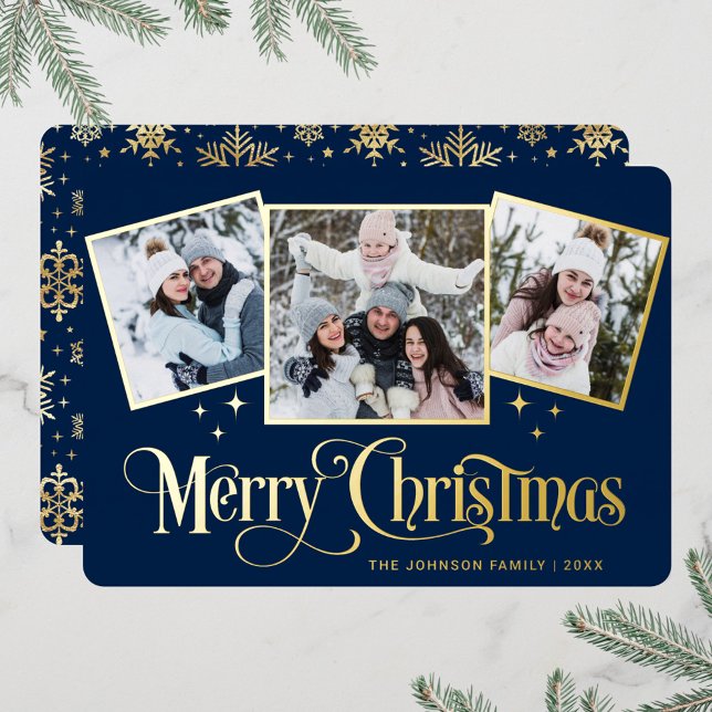3 PHOTO Sparkle Merry Christmas Greeting Gold Foil Holiday Card (Creator Uploaded)