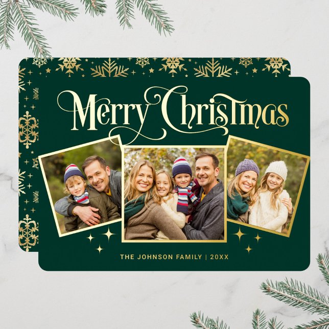 3 PHOTO Sparkle Merry Christmas Greeting Gold Foil Holiday Card (Creator Uploaded)