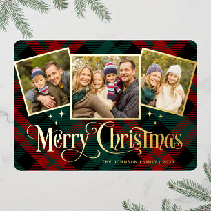 3 PHOTO Sparkle Merry Christmas Greeting Gold Foil Holiday Card