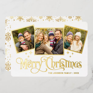 3 PHOTO Sparkle Merry Christmas Greeting Gold Foil Holiday Card