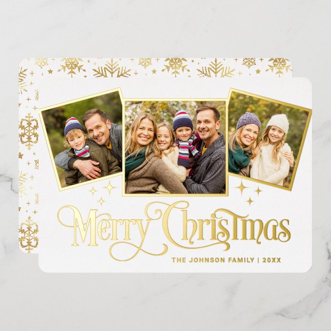 3 PHOTO Sparkle Merry Christmas Greeting Gold Foil Holiday Card (Front/Back)