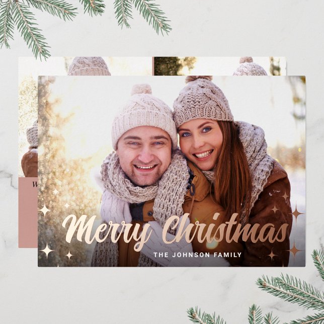 3 PHOTO Sparkle Merry Christmas Greeting Rose Gold Foil Holiday Card (Creator Uploaded)