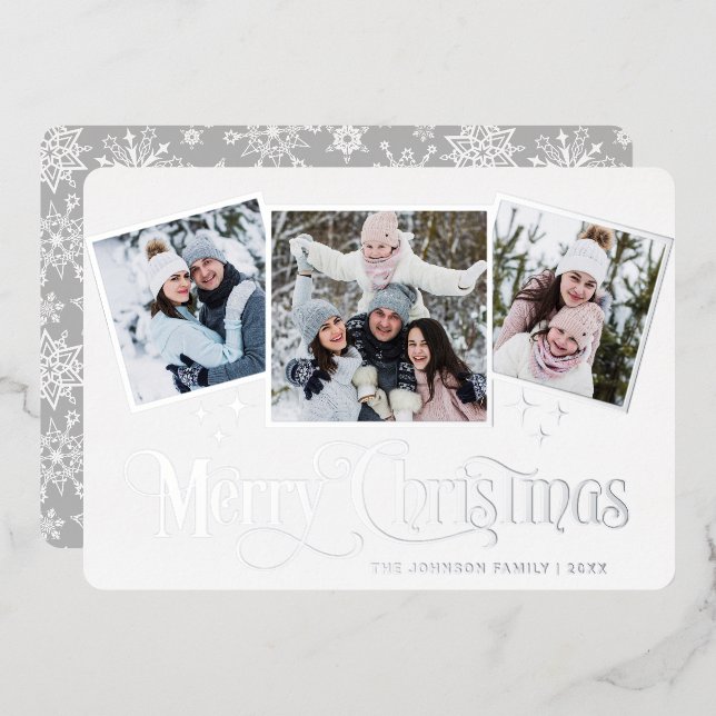 3 PHOTO Sparkle Merry Christmas Greeting Silver Foil Holiday Card (Front/Back)