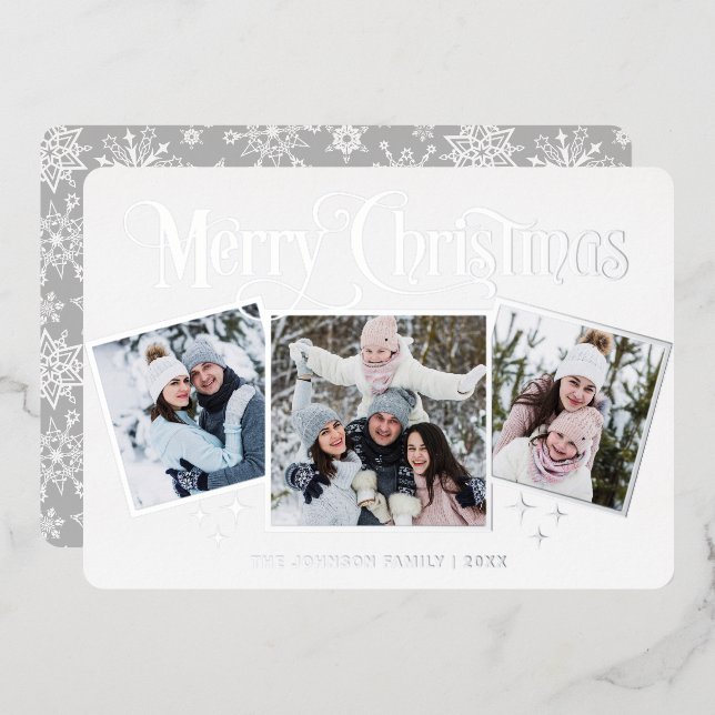 3 PHOTO Sparkle Merry Christmas Silver Foil Holiday Card (Front/Back)