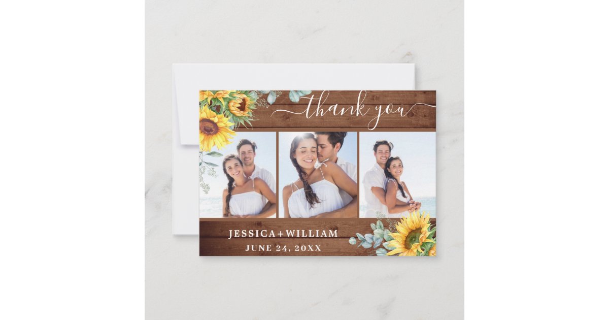 3 PHOTO Sunflowers Eucalyptus Wedding Rustic Thank You Card | Zazzle