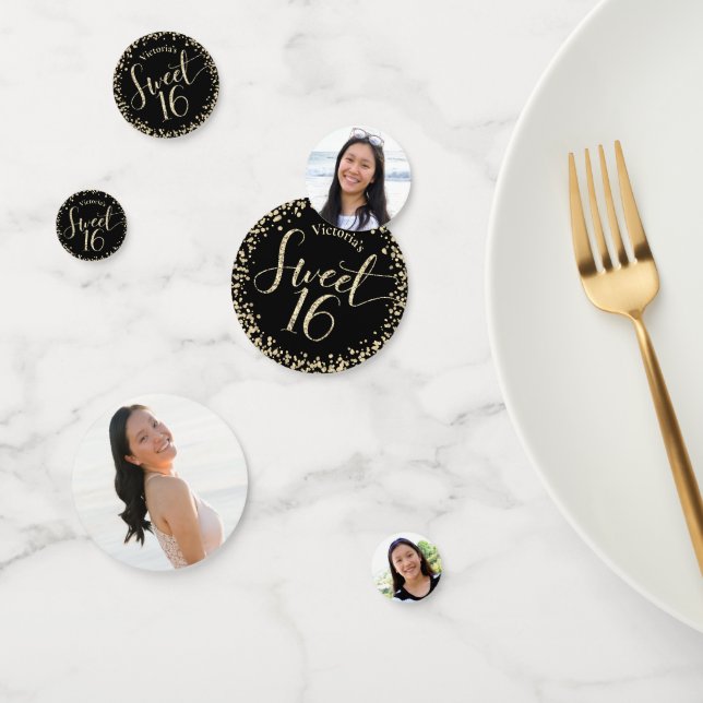 3 Photo Sweet 16 Birthday Black Gold Glitter Girly Confetti (Group)
