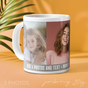 3 Photo Template Modern Minimal Text - taupe Large Coffee Mug