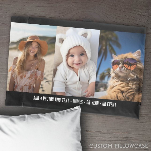 3 Photo Template Modern Minimal Text Under Photo Pillowcase (Custom Pillowcase with Photo Collage)