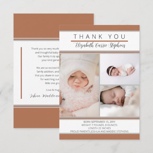 3 Photo Terracotta Baby Shower |Birth Announcemen Thank You Card (Front/Back)