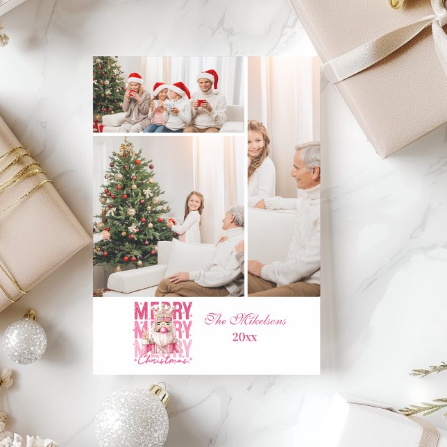 3 Photo Vintage Pink Nutcracker Christmas  Holiday Card (Creator Uploaded)