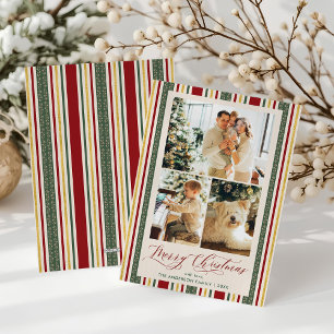 3 Photo Vintage Stripes Elegant Christmas Card
