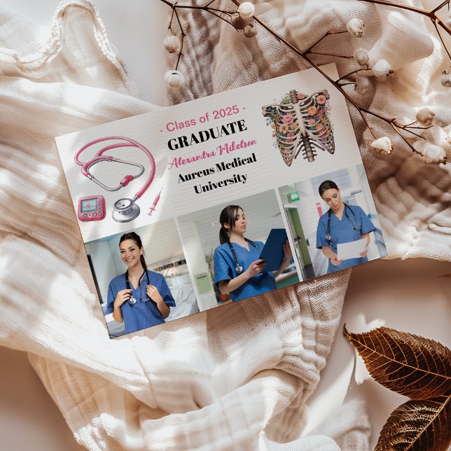 3 Photo Watercolor Pink Nursing School Graduate  Announcement (Creator Uploaded)