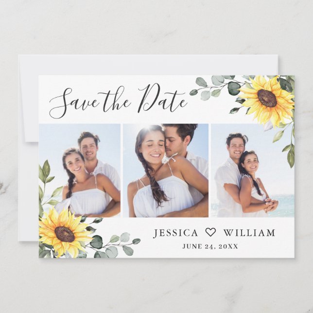 3 Photo Watercolor Sunflowers Eucalyptus Wedding Save The Date (Front)