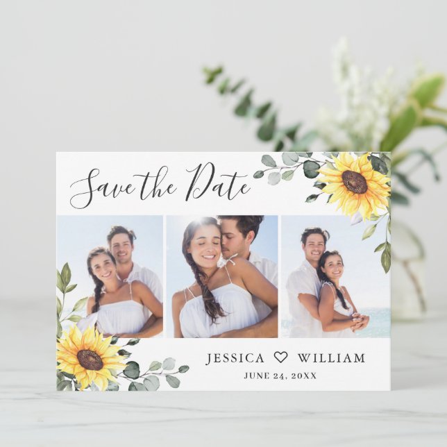 3 Photo Watercolor Sunflowers Eucalyptus Wedding Save The Date (Standing Front)