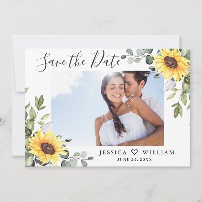 3 Photo Watercolor Sunflowers Eucalyptus Wedding Save The Date (Front)