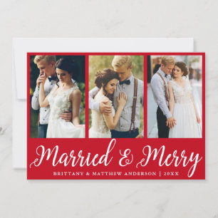 3 Photo Wedding Married and Merry Red Holiday Card