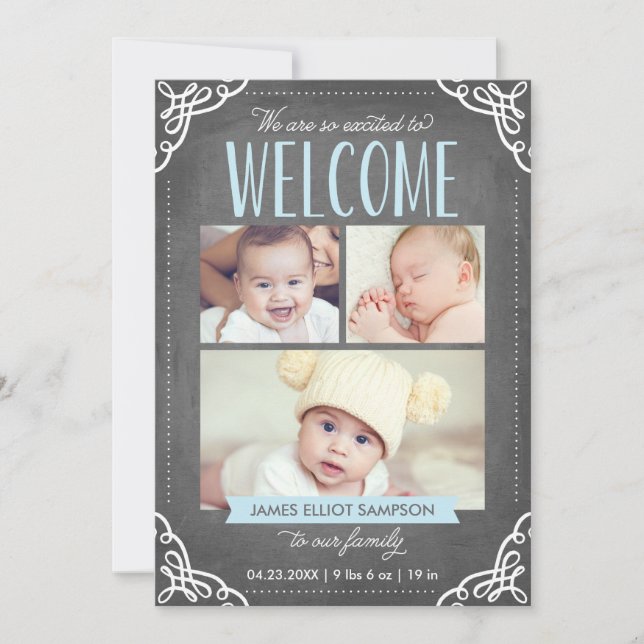 3-Photo Welcome Chalkboard | Birth Announcement (Front)
