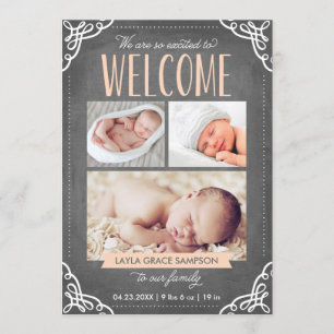 3-Photo Welcome Chalkboard Birth Announcement