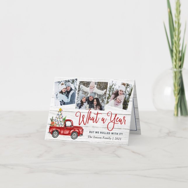 3 Photo What a Year Christmas Red Truck Holiday Card (Front)