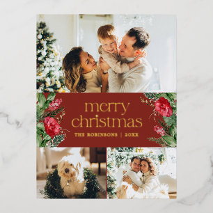3 Photo Winter Botanical Red Merry Christmas Foil Holiday Postcard