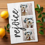 3 Photo with Modern Merry Christmas Rejoice Tea Towel<br><div class="desc">Use three pictures and make a unique and trendy Merry Christmas greeting with a black and white theme. If you need to move anything around,  click on the customise button to make changes.</div>