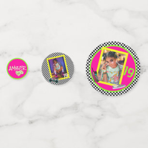 3 Photos & Age Chequerboard 80's/90's Neon Retro Confetti