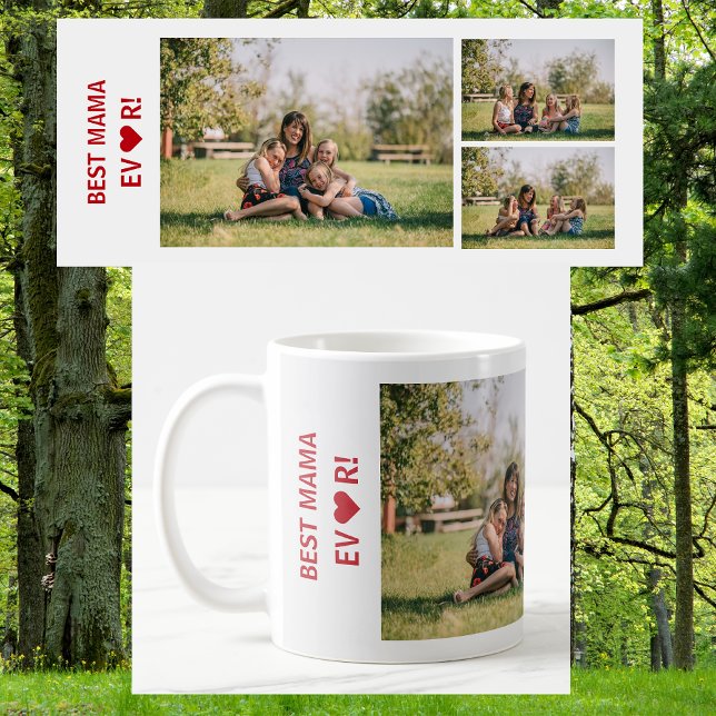 3 Photos Best Mama Ever Photo Collage Mother's Day Coffee Mug (Best Mama Ever, heart. Photo collage, 3 personalized photos. Elegant, Modern Mother's Day bday gift)