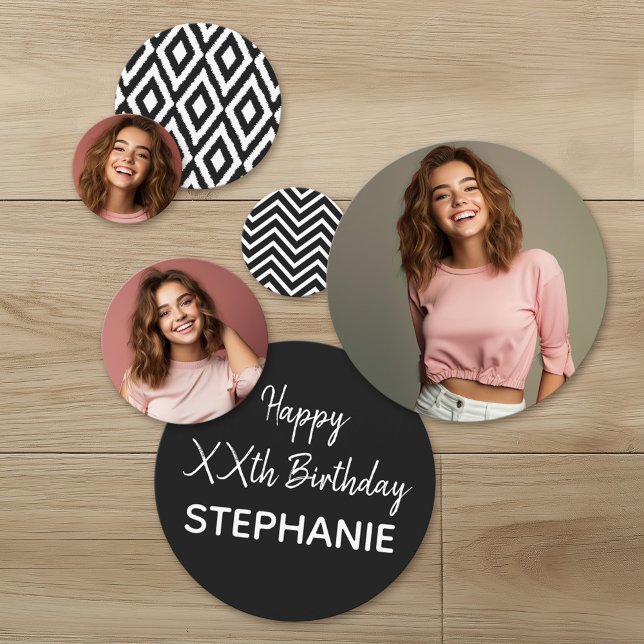 3 Photos Black White Patterns Happy Birthday Party Confetti (Custom Party Confetti with Photos)