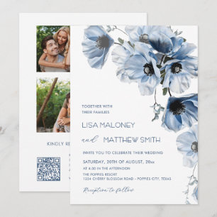 3 Photos Blue Flowers Wedding Invitation