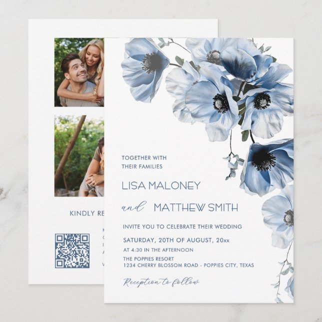 3 Photos | Blue Flowers Wedding Invitation (Front/Back)