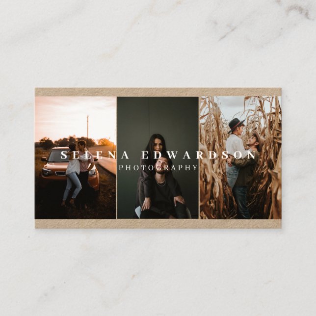 3 Photos Casual Rustic Kraft White Typography Business Card (Front)