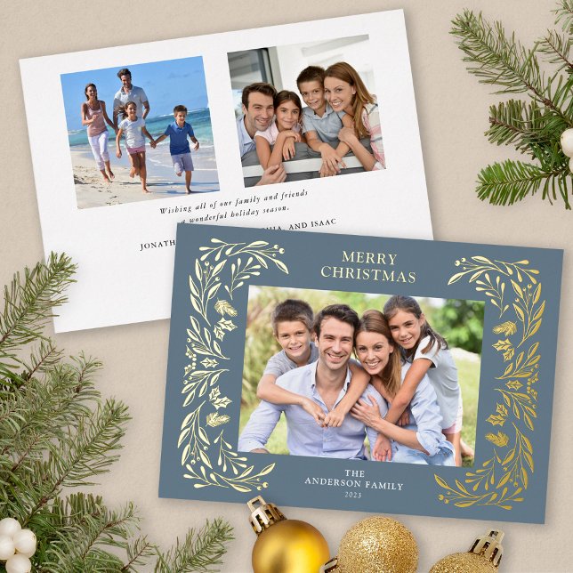 3 Photos Christmas Greenery Gold Foil Holiday Card (Gold Foil 3 Photo Christmas card)