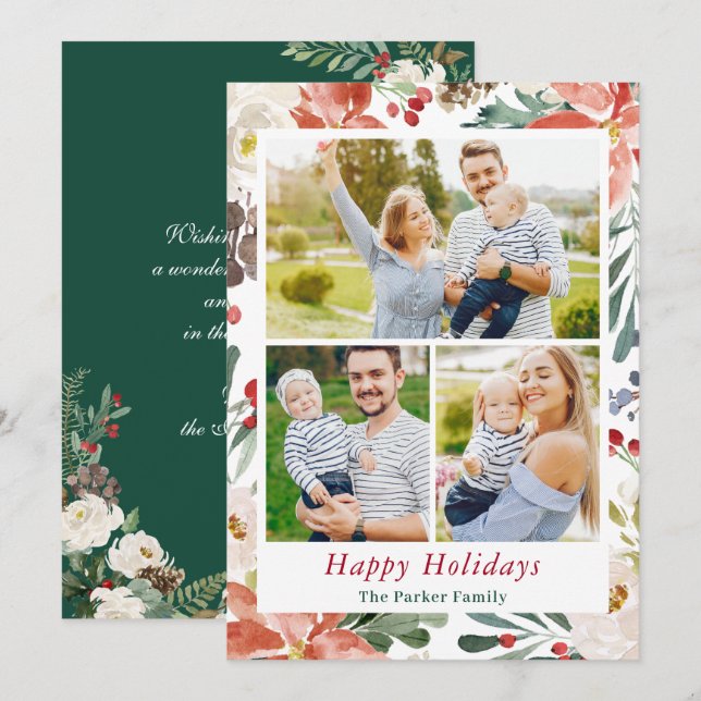 3 Photos Collage Christmas Poinsettia Ivory Floral Holiday Card (Front/Back)