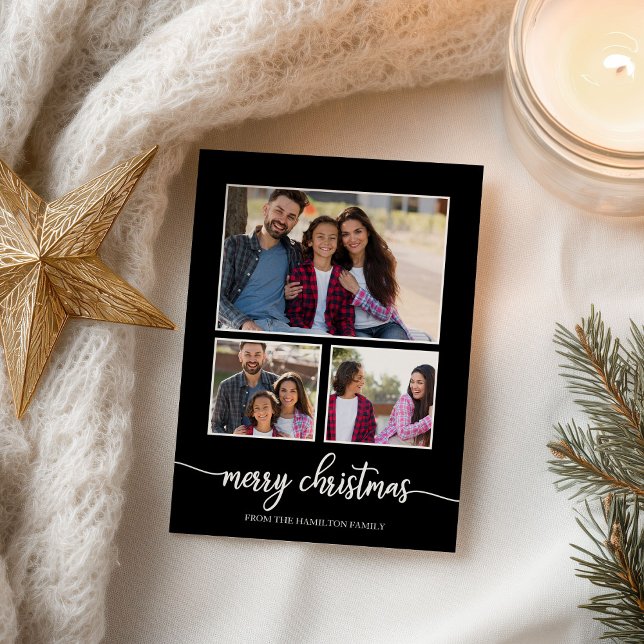 3 Photos Collage Cute Script Merry Christmas Black Postcard (Creator Uploaded)