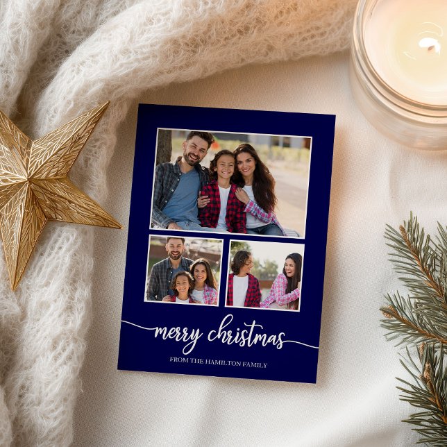 3 Photos Collage Cute Script Merry Christmas Blue Postcard (Creator Uploaded)