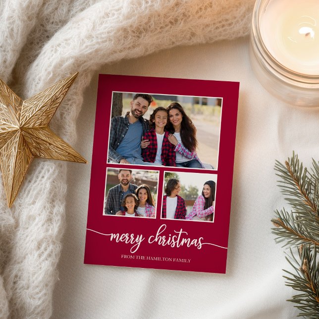 3 Photos Collage Cute Script Merry Christmas Postcard (Creator Uploaded)