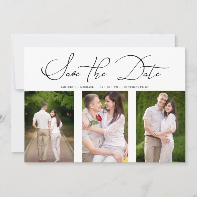 3 Photos Collage Engaged Chic Minimalist Wedding Save The Date (Front)
