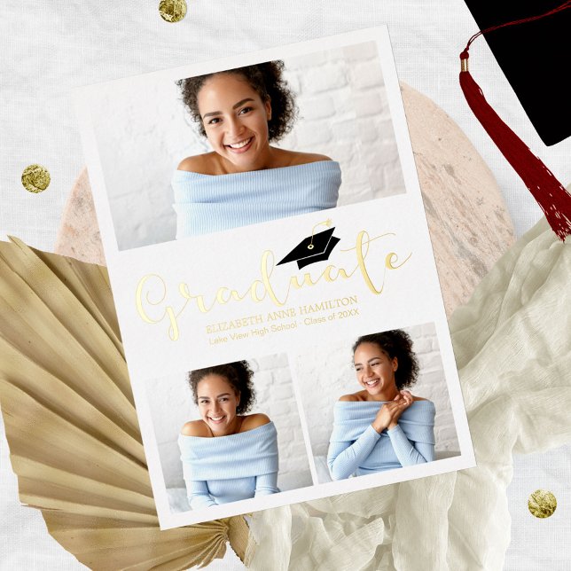 3 Photos Collage Grad Announcement Foil Invitation (Creator Uploaded)