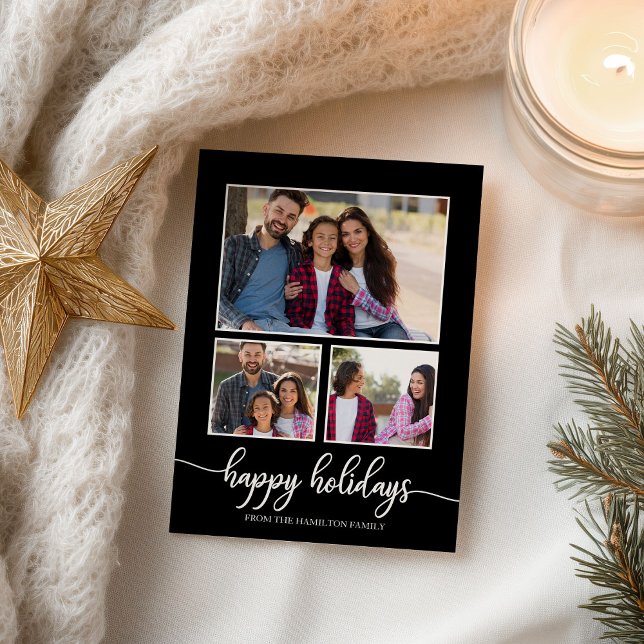 3 Photos Collage Happy Holidays Modern Black Postcard (Creator Uploaded)