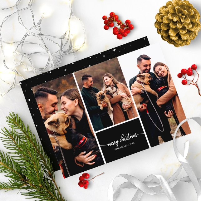 3 Photos Collage Stylish Merry Christmas Black Invitation (Creator Uploaded)
