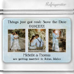 3 Photos Dusty Blue Save the Date Magnet<br><div class="desc">Save the Date magnet featuring 3 of  your own photos framed by a dusty blue watercolor design.</div>