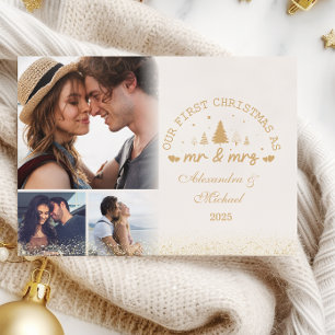 3 Photos First Christmas as Mr and Mrs gold Holiday Card