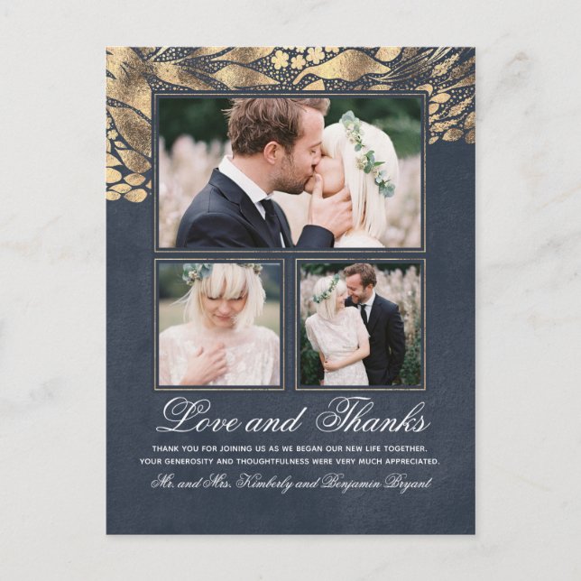 3 Photos Gold and Navy Wedding Thank You Postcard (Front)