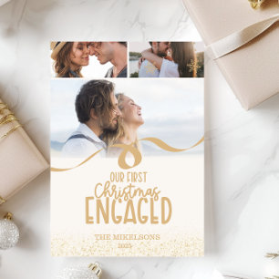 3 photos Gold Glitter First Christmas Engaged Holiday Card