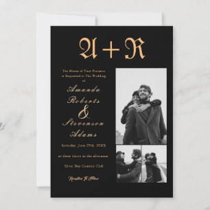 3 Photos Golden Typography Monogram Wedding Invitation