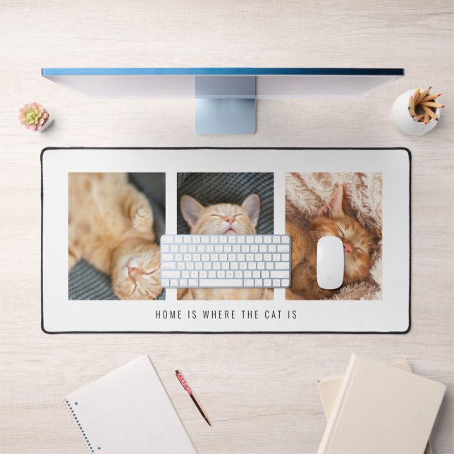 3 Photos Home Is Where The Cat Is White Desk Mat (Office 1)