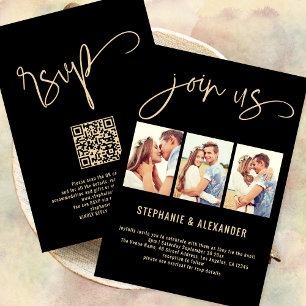 3 Photos Join Us Script Wedding Gold Black Invitation