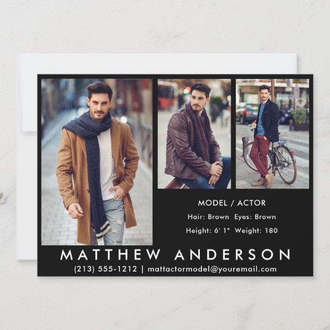 3 Photos Model Actor Comp Card Black (Front)