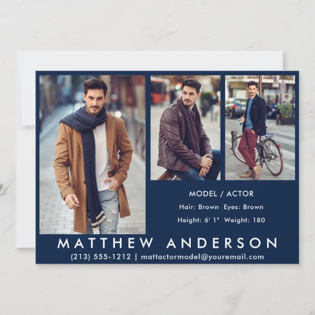 3 Photos Model Actor Comp Card Blue (Front)