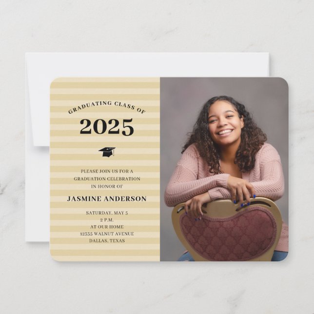 3 Photos Modern Gold Stripes Graduation Party Invitation (Front)